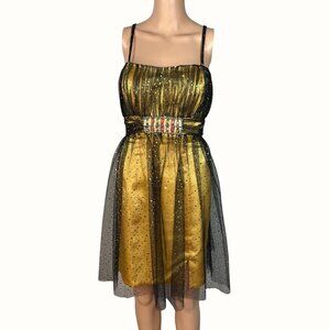 Privada Collection Gold & Black Cocktail Dress With Sequin Overlay Beaded Waist
